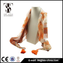 Femme Mode paon pattern orange écharpe châle enveloppe Tassel